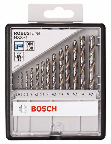 Coffret de forets de différentes tailles allant de 1,5 à 6,5 mm, marque 'BOSCH', HSS-G, pour l'usinage des métaux, dans un coffret transparent.