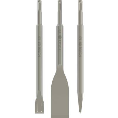 Trois embouts de burin différents de Bosch, adaptés aux marteaux perforateurs. Comprend un burin plat, un burin pointu et un burin pour carrelage.