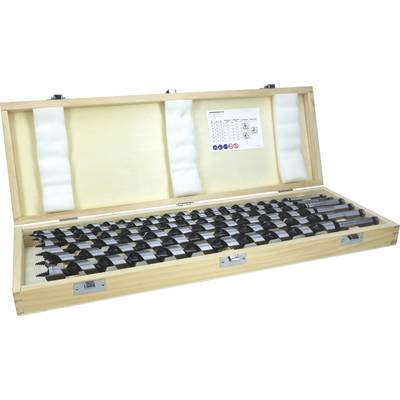 Un coffret en bois ouvert présente un ensemble de forets à spirale de différentes tailles, soigneusement alignés en rangée.