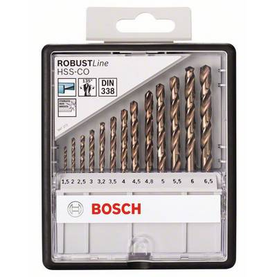 Coffret de forets dans un boîtier transparent, étiqueté 'Bosch'. Dix forets hélicoïdaux de différentes tailles, allant de 1,5 à 6,5 mm.