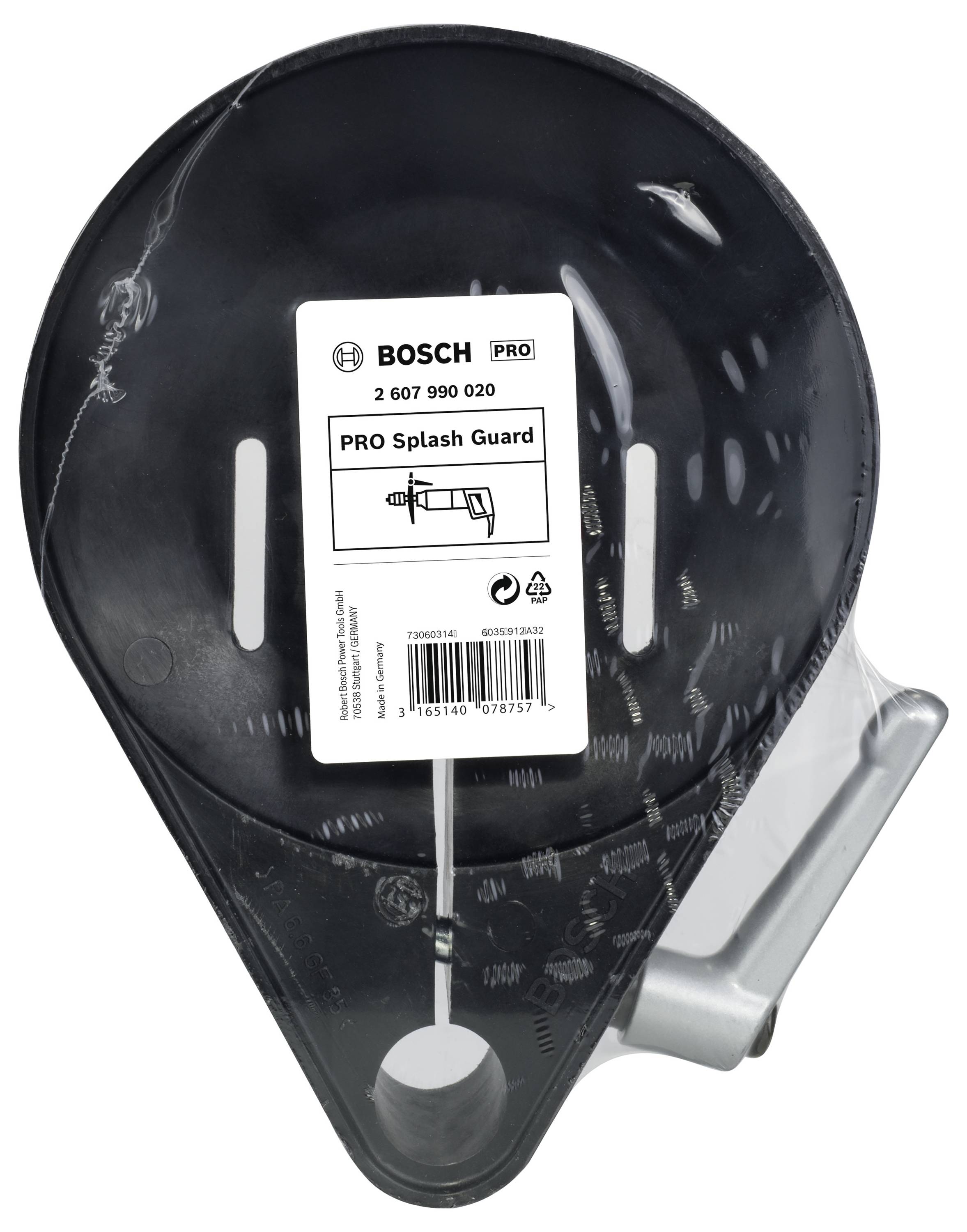 Pare-éclaboussures noir de Bosch pour perceuses, nom du produit 'PRO Splash Guard', référence article 2 607 990 020, avec poignée.
