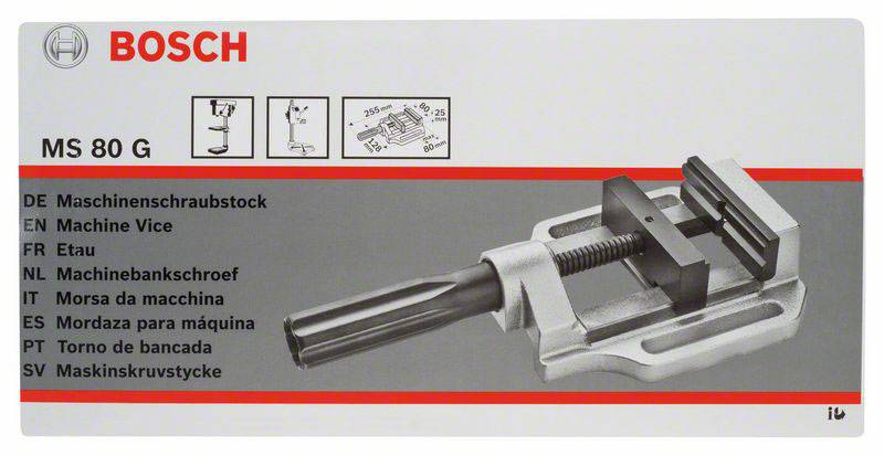'Étau de machine Bosch MS 80 G, illustration avec dessins techniques et annotations dans plusieurs langues.'