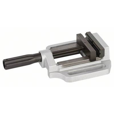Une étau de machine en argent avec une poignée noire, adapté pour maintenir des pièces pendant l'usinage.