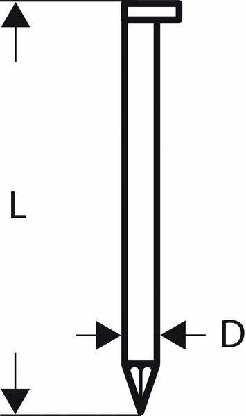 Diagramme d'un clou avec des marquages pour la longueur 'L' et le diamètre 'D', montrant les dimensions principales d'un clou standard.