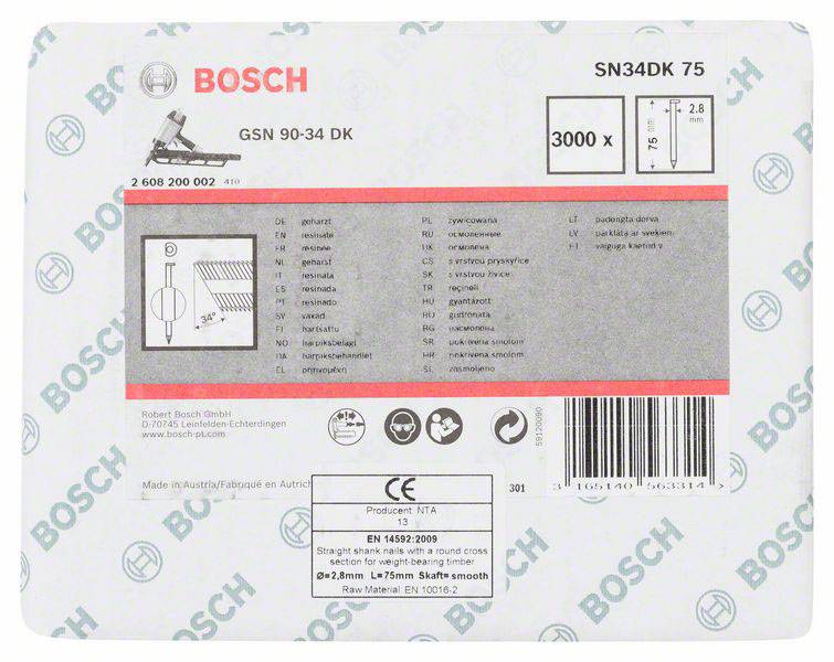 Étiquette Bosch pour clous : Modèle GSN 90-34 DK, 3000 pièces, longueurs 75-90 mm. Contient des spécifications et des indications de symboles.