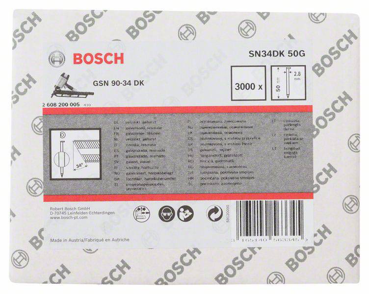 Emballage avec logo Bosch, type SN34DK 50G. Contient un diagramme avec les dimensions et les détails de 3000 clous, modèle GSN 90-34 DK.