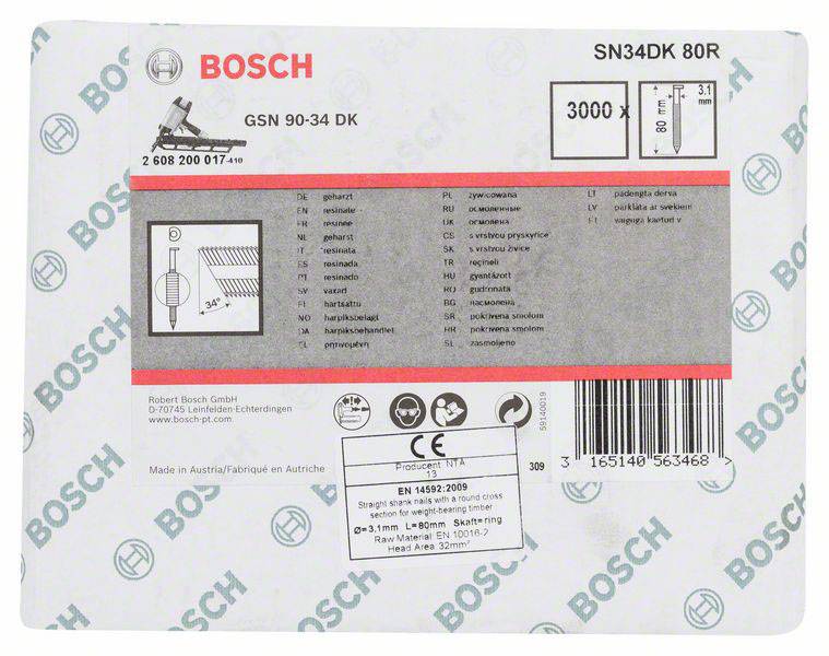 Étiquette 'Bosch SN34DK 80R' sur l'emballage, indiquant le numéro de modèle, les détails techniques et les informations de sécurité. Fabriqué en Autriche.
