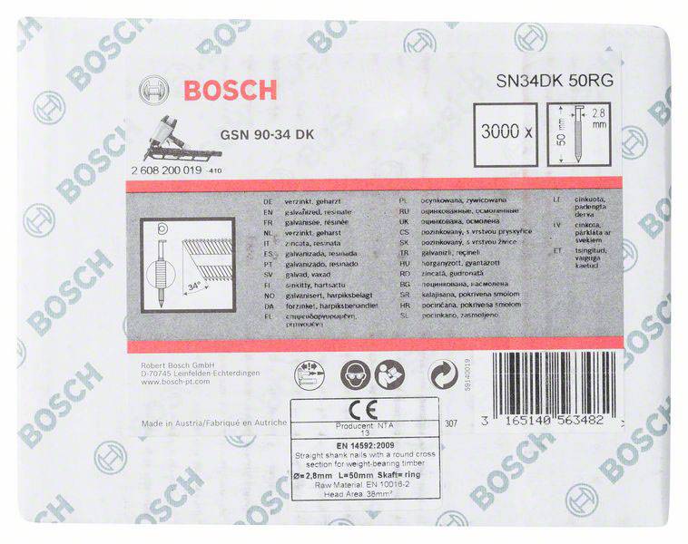 Emballage pour lames de scie Bosch, modèle SN34DK 50RG. Contient des détails techniques et des codes. Marquage '3000 X'. Fabriqué en Autriche.