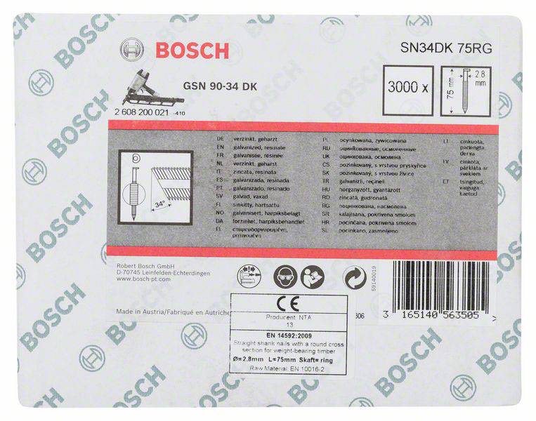 Étiquette sur l'emballage d'un produit Bosch comportant les numéros de modèle et de série, un code-barres, les informations du fabricant ainsi qu'un symbole de produit.