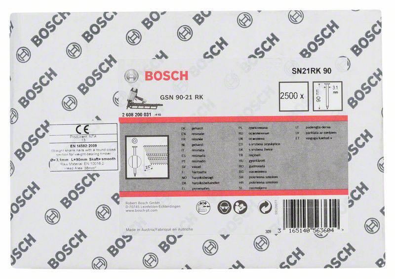 Emballage pour lames de scie Bosch, modèle SN21RK 90, avec détails du produit et code-barres. Contient des informations techniques et le domaine d'application.