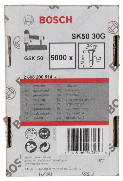 'Bosch SK50 30G' : Emballage de clous galvanisés, 5000 pièces, dimensions 1,2 mm x 30 mm. Numéro de produit 2 608 200 514.