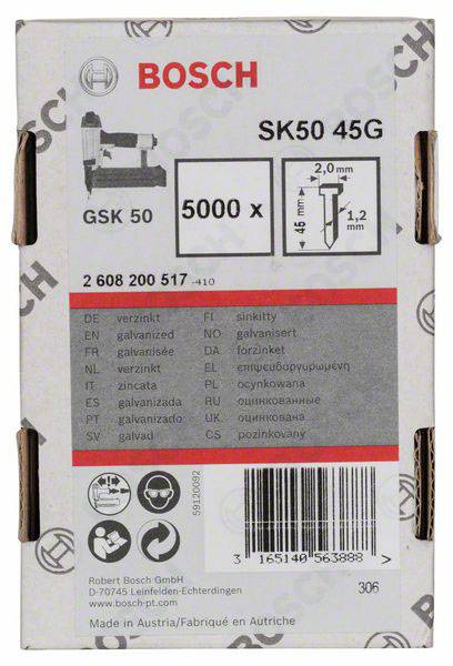 Clous 'BOSCH SK50 45G' : Paquet de 5000 clous, dimensions 2,0 x 1,2 mm. Liste des traductions galvanisées en plusieurs langues.