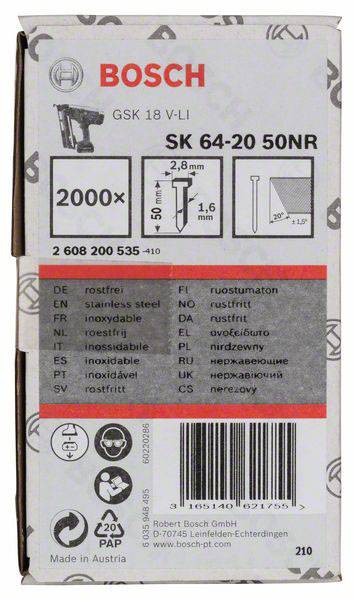 'Emballage pour clous Bosch SK 64-20 50NR ; 2000 clous ; dessin des dimensions des clous 2,8 mm x 1,6 mm ; convient pour le modèle GSK 18 V-LI.'