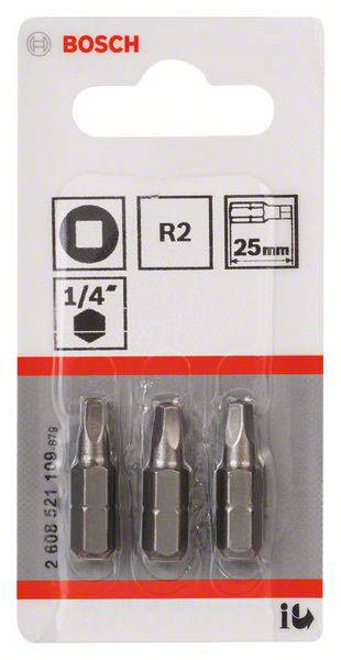 Trois embouts de vissage Bosch-R2, 1/4 pouce, longueur 25 mm, dans un emballage transparent.