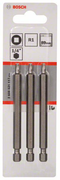 Trois embouts de vissage Bosch en blister de 89 mm de long, taille R1, 1/4 de pouce.