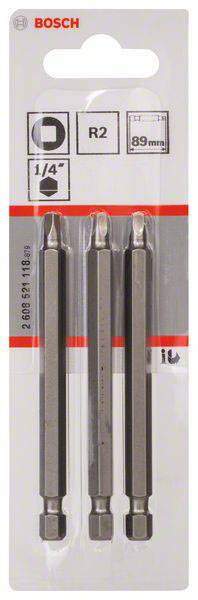Trois embouts de tournevis allongés de la marque Bosch dans un emballage, adaptés à la taille R2, 1/4 de pouce et 89 mm de long, sur un fond en carton.