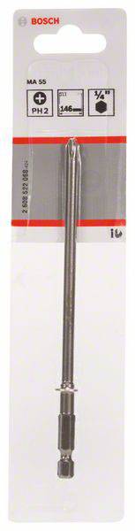 Emballage d'un embout de tournevis Bosch PH2, 1/4 de pouce, longueur 146 mm, montrant le design de l'emballage et l'embout lui-même.