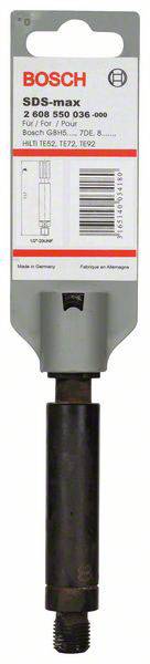 Est représenté un adaptateur Bosch SDS-max pour perceuses, numéro de modèle 2 608 550 036. Convient aux forets marteau et aux perceuses à percussion.