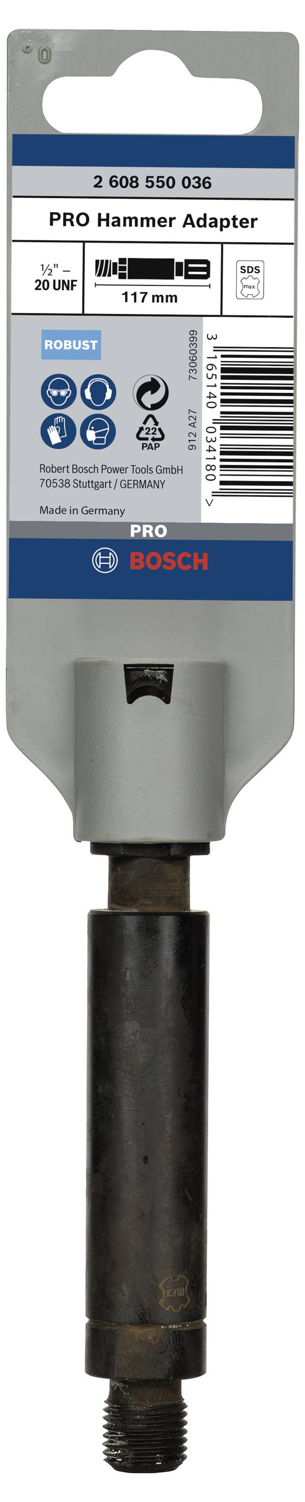 'Adaptateur de marteau Bosch PRO', adapté pour emmanchement hexagonal de 30 mm, longueur 117 mm. L'emballage présente les informations sur le produit et la marque.
