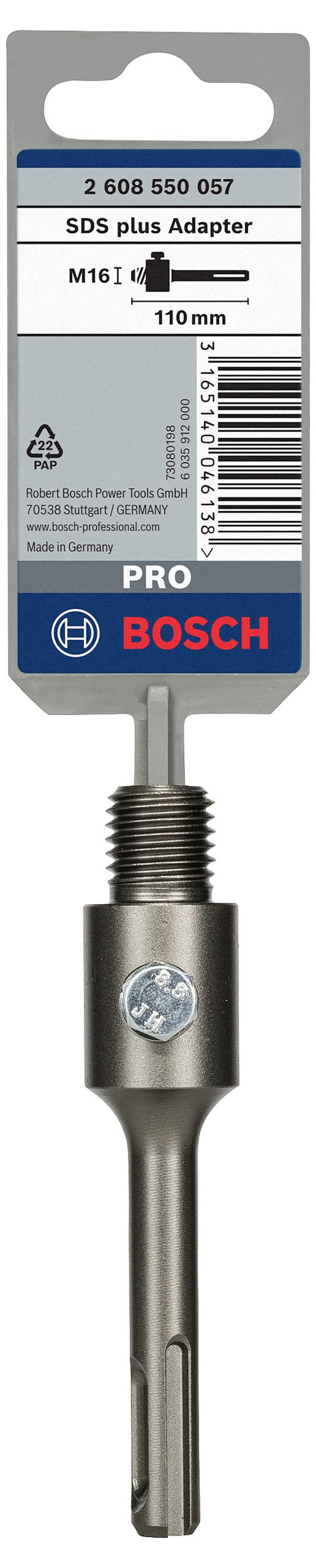 Adaptateur SDS plus M16 avec une longueur de 110 mm. Convient pour les perceuses, produit de Bosch, réf. 2 608 550 057.
