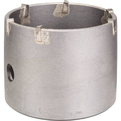 Couronne de forage métallique dotée de plusieurs dents en carbure de tungstène sur le bord supérieur, utilisée pour percer de grands trous dans les murs ou d'autres matériaux durs.