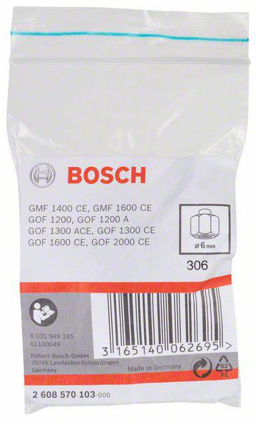 Un sachet de pièce de rechange Bosch transparent avec des spécifications techniques et un code-barres. Contient des informations sur les modèles Bosch compatibles.