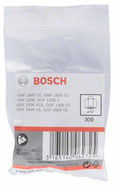 Pochette 'Bosch' avec plusieurs numéros de référence pour fraises. Comprenant un symbole indiquant une quantité d'emballage de deux pièces.