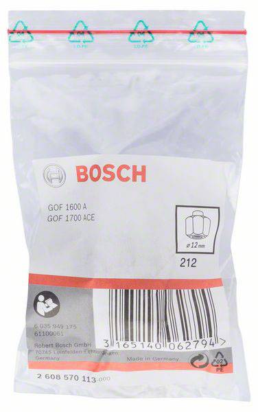 Un sac aspirateur Bosch avec les numéros de modèle GOF 1600 A et GOF 1700 ACE, code-barres et symboles. Adapté pour 12 litres.