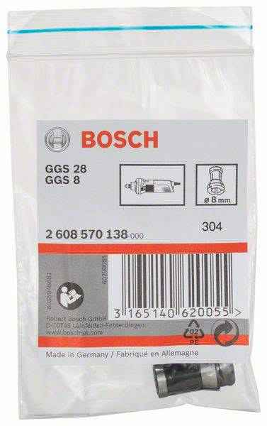 Sac transparent avec le logo Bosch et les numéros de modèle GGS 28, GGS 8. Contient une pièce de rechange de 8 mm de diamètre. Fabriqué en Allemagne.