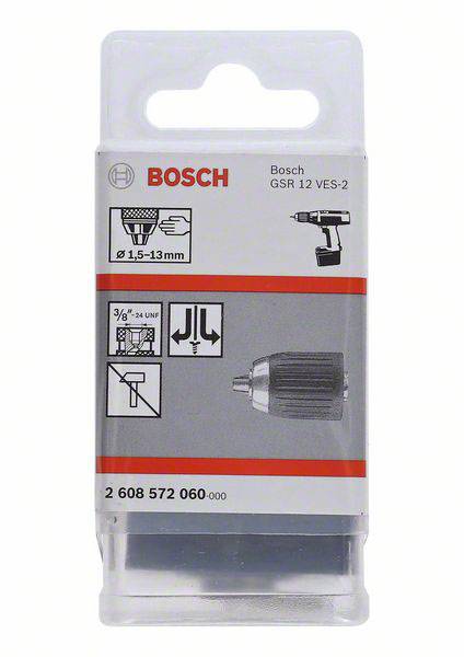 Emballage pour mandrin Bosch, compatible avec GSR 12 VES-2. Présente des diagrammes de montage et une plage de serrage de 1,5-13 mm.