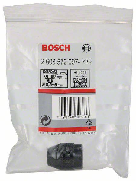 Sachet contenant un mandrin Bosch, adapté pour 0,5-6 mm, M8 x 0,75, fabriqué en Suisse. Numéro d'article : 2 608 572 097.