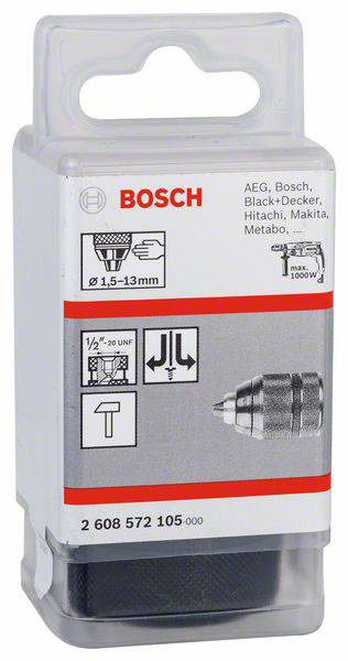 Un mandrin de perceuse 'Bosch' en plastique, adapté pour des diamètres de 1,5 à 13 mm. De haute qualité pour les besoins des bricoleurs.
