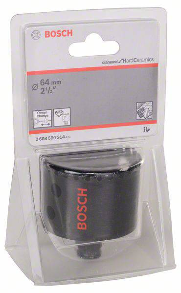 Foret diamanté 'BOSCH' pour céramique dure, diamètre de 64 mm. L'emballage présente l'outil de forage. Adapté pour des matériaux exigeants.