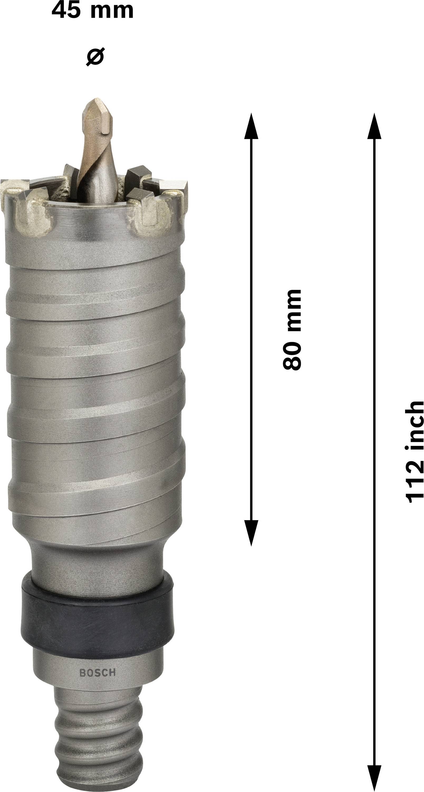 'Foret à percussion pour maçonnerie' avec 45 mm de diamètre et 80 mm de longueur. Les flèches indiquent les dimensions.