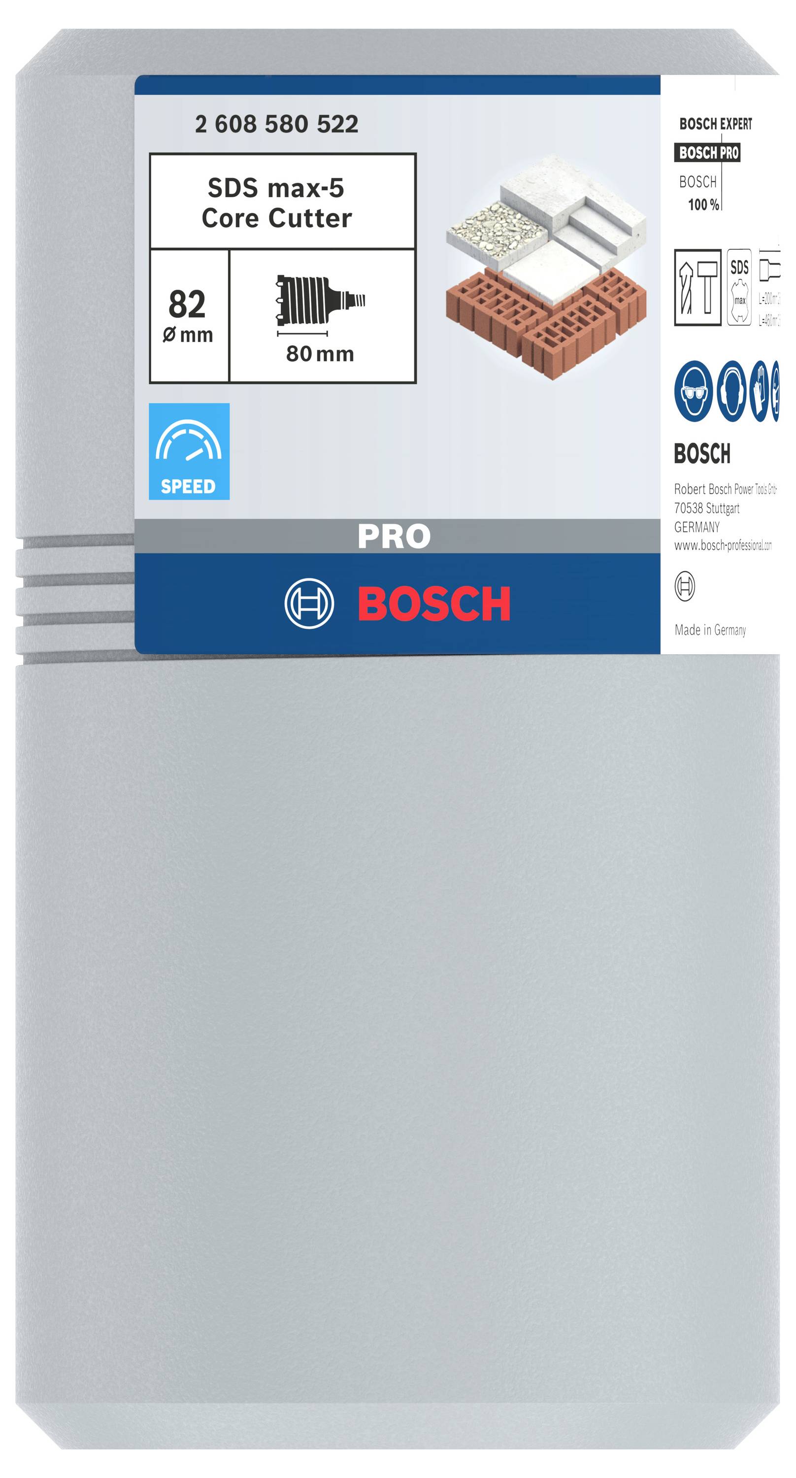 Foret à couronne Bosch SDS max-5, diamètre 82 mm, profondeur 80 mm, adapté pour béton et brique.