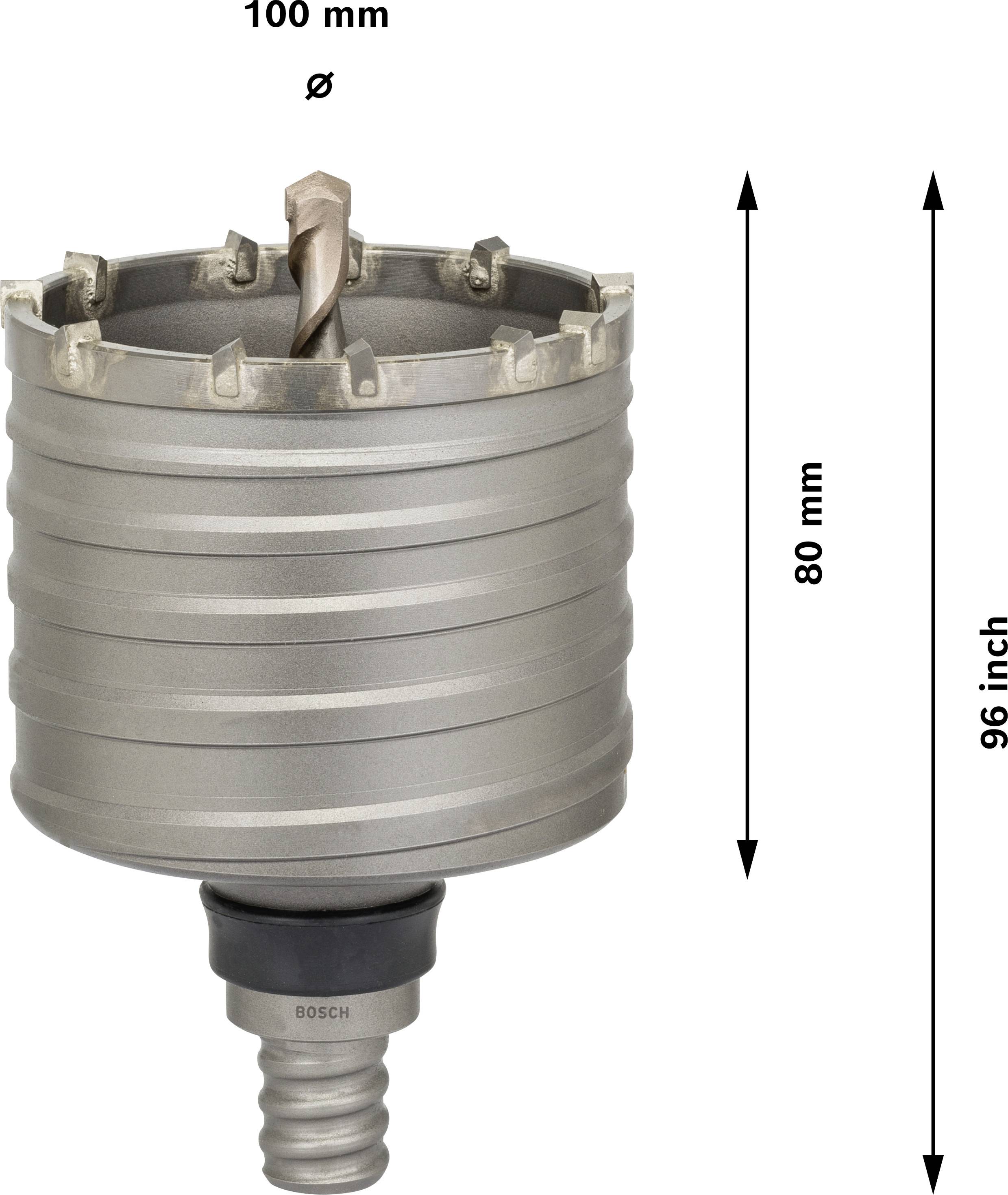 Couronne de scie avec 100 mm de diamètre et 80 mm de hauteur. À côté, deux flèches avec indications de longueur : 100 mm Ø et 80 mm, ainsi que '96 inch'.
