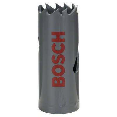 Scie cloche grise de Bosch avec bord dentelé, marquée du logo rouge 'BOSCH'. Principalement utilisée pour des travaux de perçage précis.