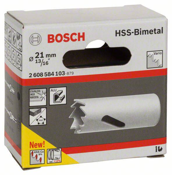 Emballage d'une scie-cloche en acier rapide (HSS) bimétal Bosch, diamètre 21 mm, illustrée avec des images montrant son utilisation sur métal et plastique.