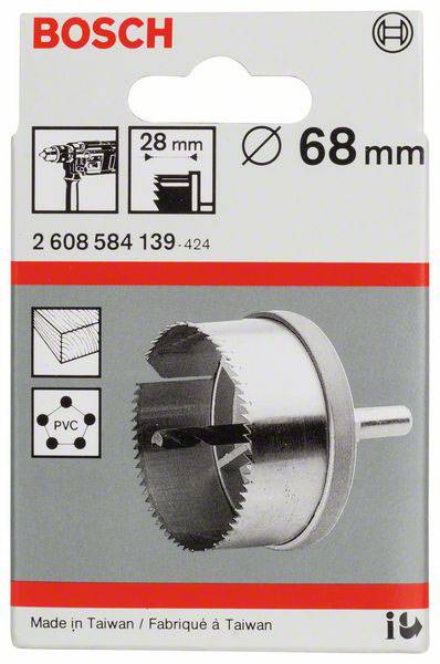 Emballage pour scie cloche Bosch, diamètre de 68 mm, pour couper du PVC, fabriquée à Taïwan.