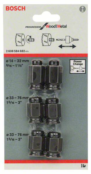 Emballage d'adaptateurs de scie Bosch Progressor pour le bois et le métal avec fonction Power-Change, trois tailles de 14 à 76 mm.