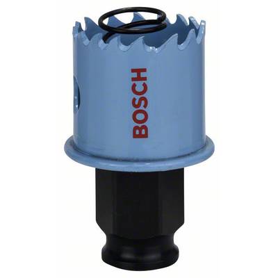 Un embout de scie-cloche Bosch bleu pour perceuses, avec des dents acérées et un logo en lettres rouges, sur un fond blanc.