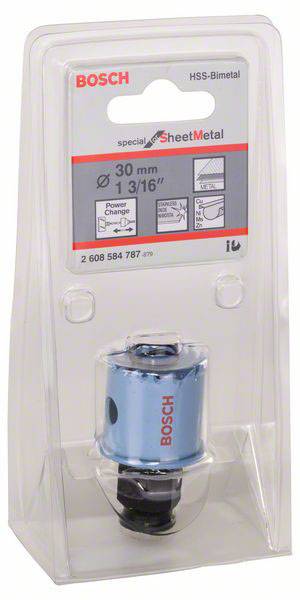 Emballage alimentaire d'une scie à trous Bosch d'un diamètre de 30 mm, adaptée aux applications métalliques spécialisées.