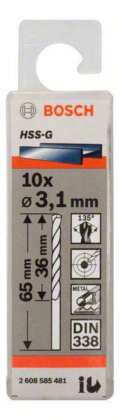 Boîte de forets avec inscription 'Bosch'. Contient 10 forets hélicoïdaux, diamètre 3,1 mm, longueur 65 mm. Adaptés pour le métal, norme DIN 338.