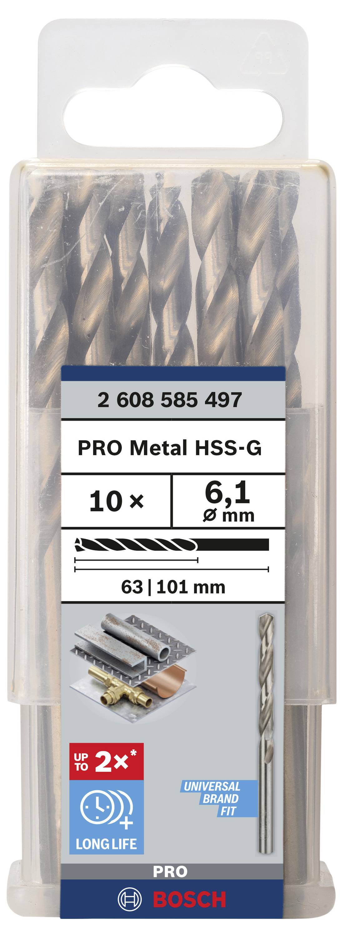 Coffret de forets Bosch, 10 forets métaux HSS-G. Taille : 6,1 mm. Longueur : 63/101 mm. Promet une durée de vie double et un ajustement universel.