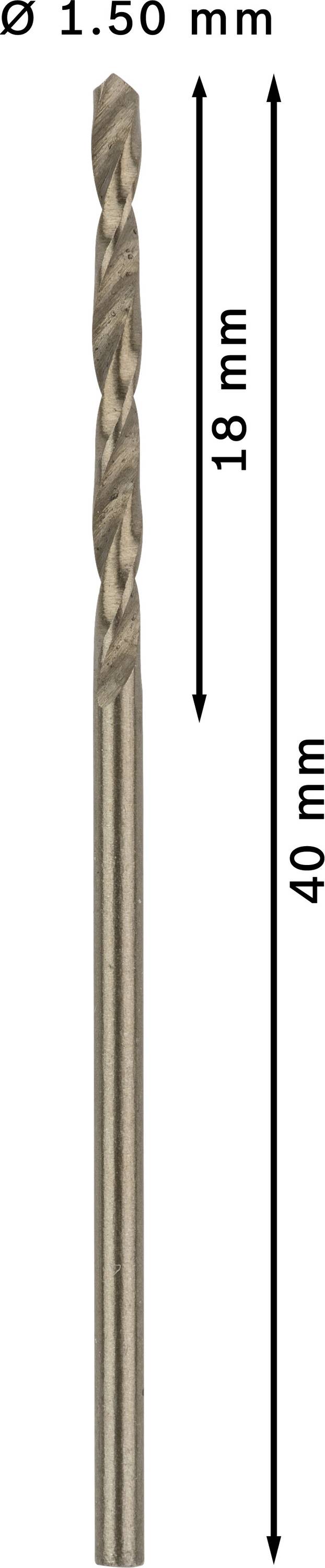 Foret de 1,50 mm de diamètre et 40 mm de longueur. Forme hélicoïdale avec une longueur utile de 18 mm représentée.