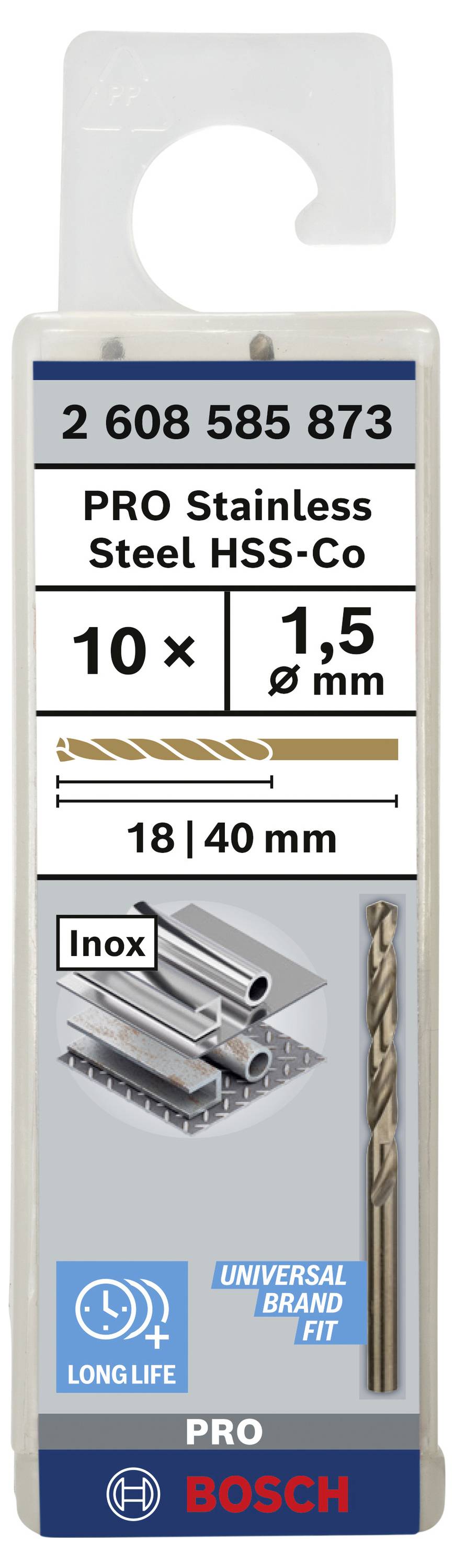 Emballage de 10 forets HSS-Co Bosch pour acier inoxydable, diamètre 1,5 mm, longueur 18/40 mm. Adapté pour l'Inox. Contient image et informations produit.