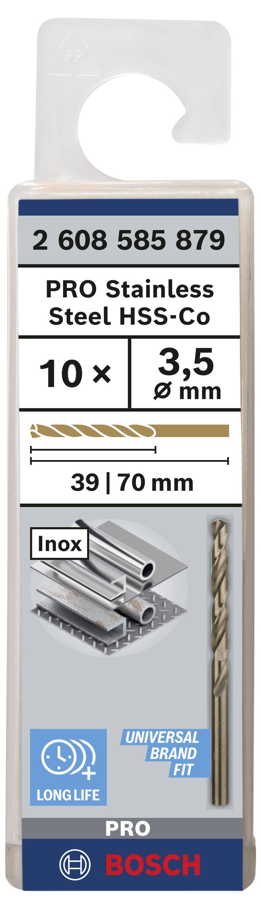 Emballage de forets Bosch pour acier inoxydable. Contient 10 pièces, taille 3,5 mm. Adapté pour le métal, avec les symboles 'Long Life' et 'Universal Brand Fit'.