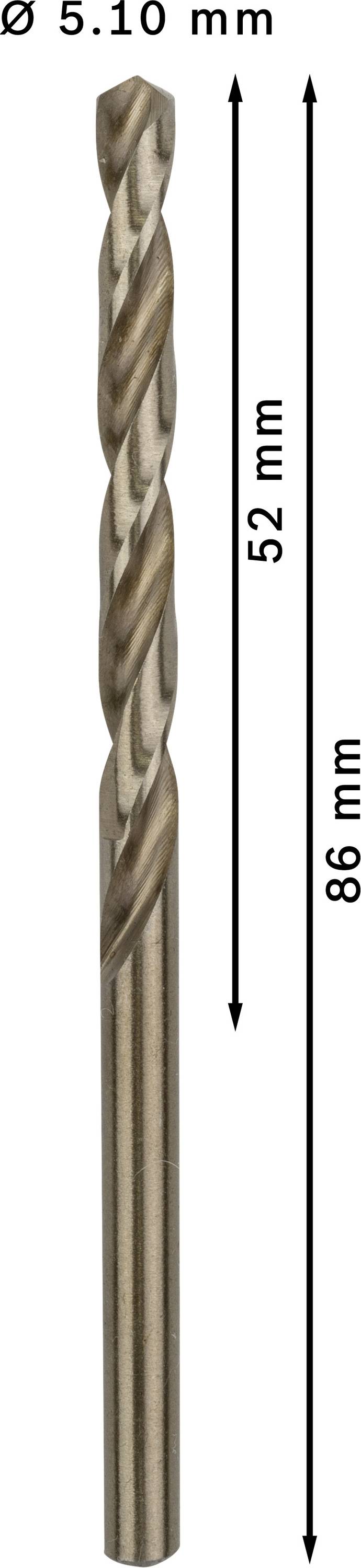 Foret de diamètre 5,10 mm. Longueur totale 86 mm, partie coupante 52 mm.