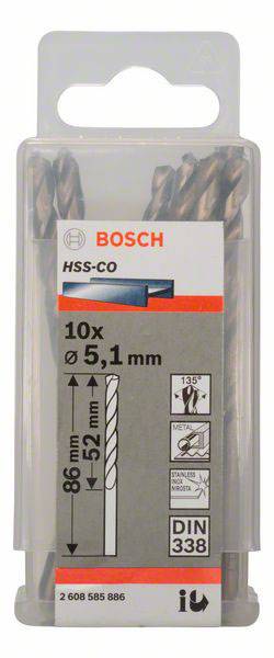Coffret de forets Bosch, 10 pièces, diamètre 5,1 mm, matériau HSS-CO, adapté pour les métaux. L'emballage présente les détails du produit.