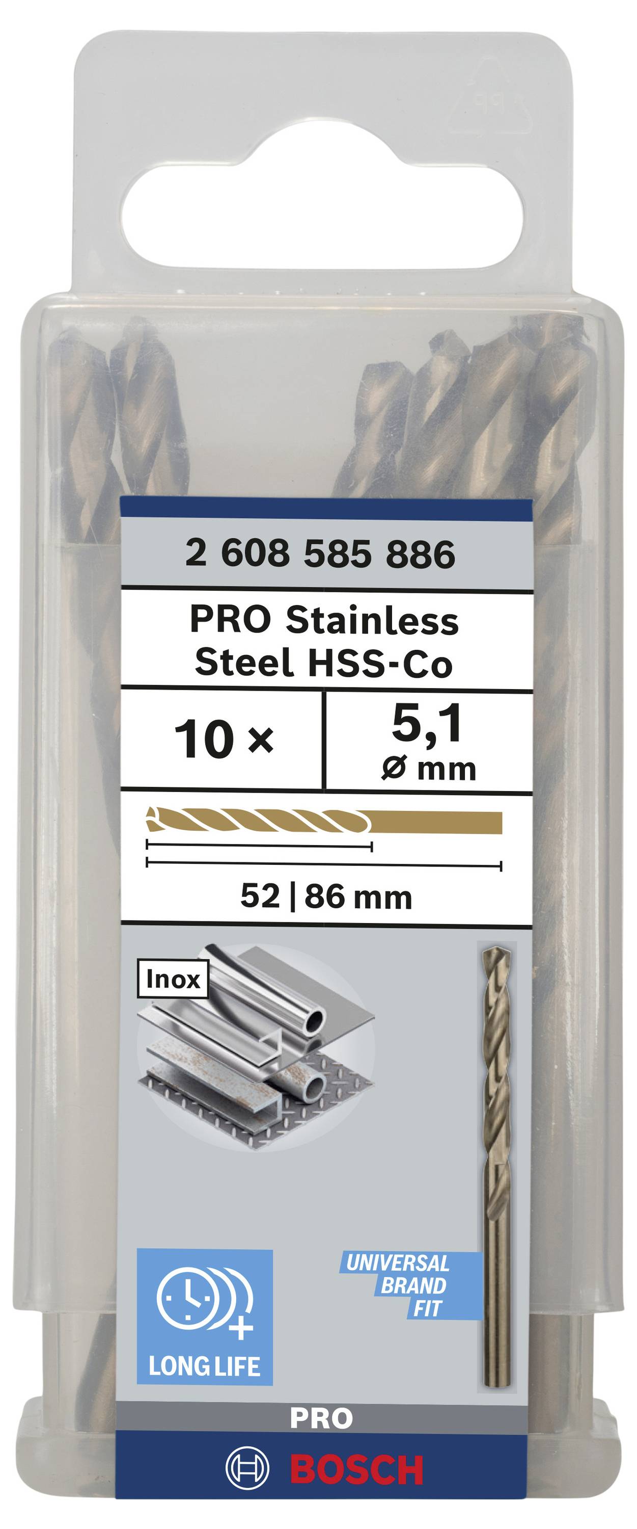 Coffret de 10 forets à métaux HSS-Co en acier inoxydable, diamètre 5,1 mm, longueur utile 52 mm. Marque : Bosch. Adapté pour l'usinage des métaux.